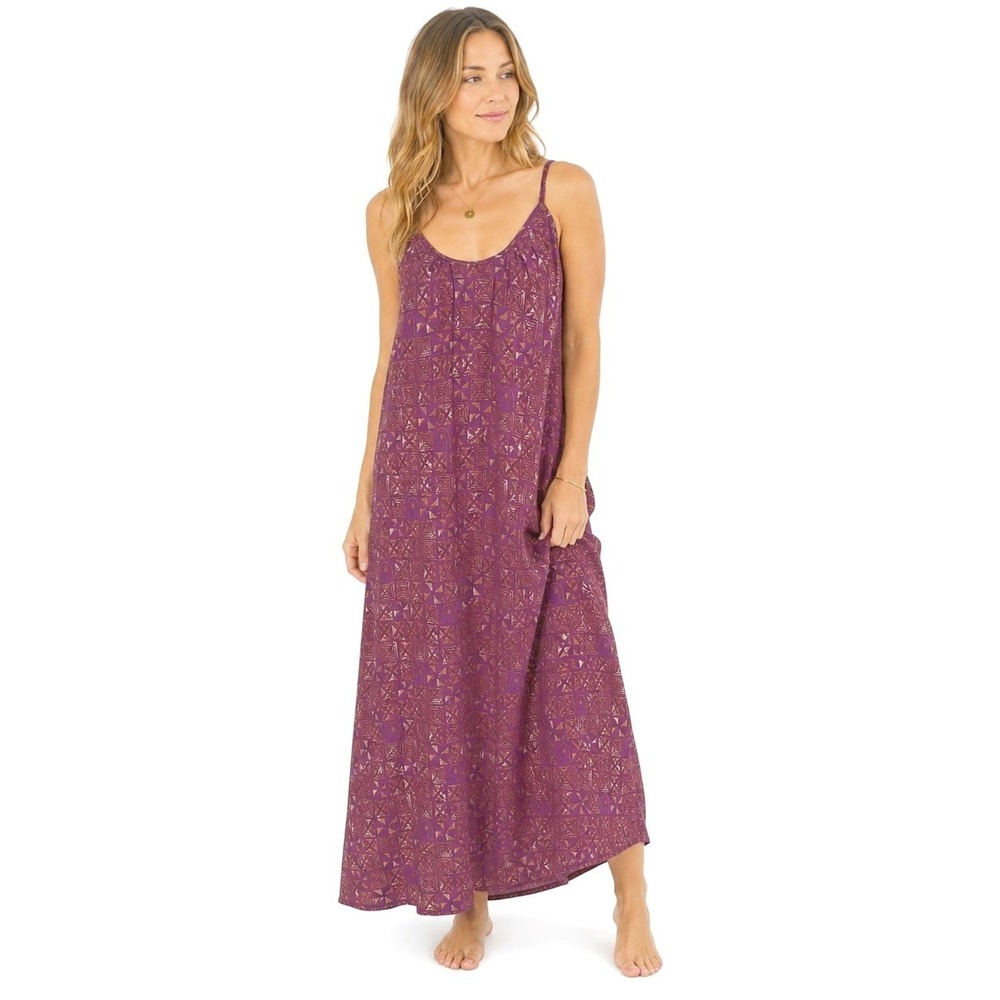 Hinano Tahiti Long Maxi Sun Dress M Polynesian Rayon Purple Geometric Tie Back
